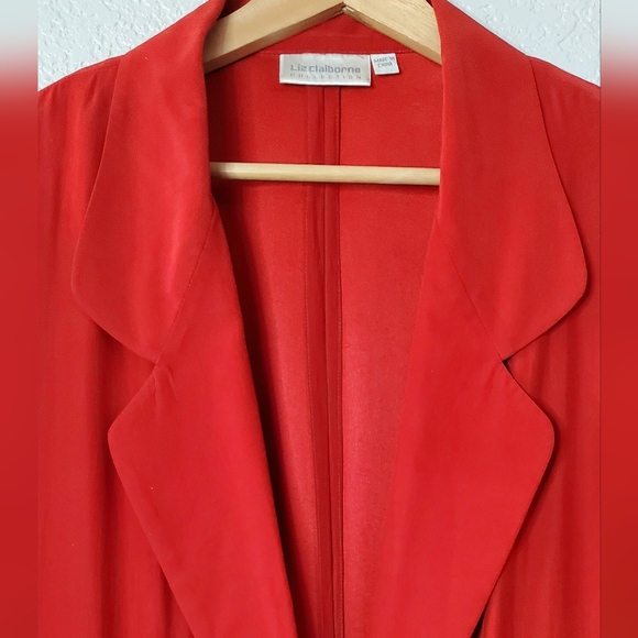 100% Silk Liz Claiborne Elegant Scarlet Red Women's Long Blazer Jacket Size 8 - Picture 3 of 8
